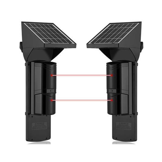 Detector fotoelectrico con celda solar ; DE 2 RAYOS; alcance exterior 60 m / interior 120 m, 4 frecuencias / Para ambientes donde no hay electricidad