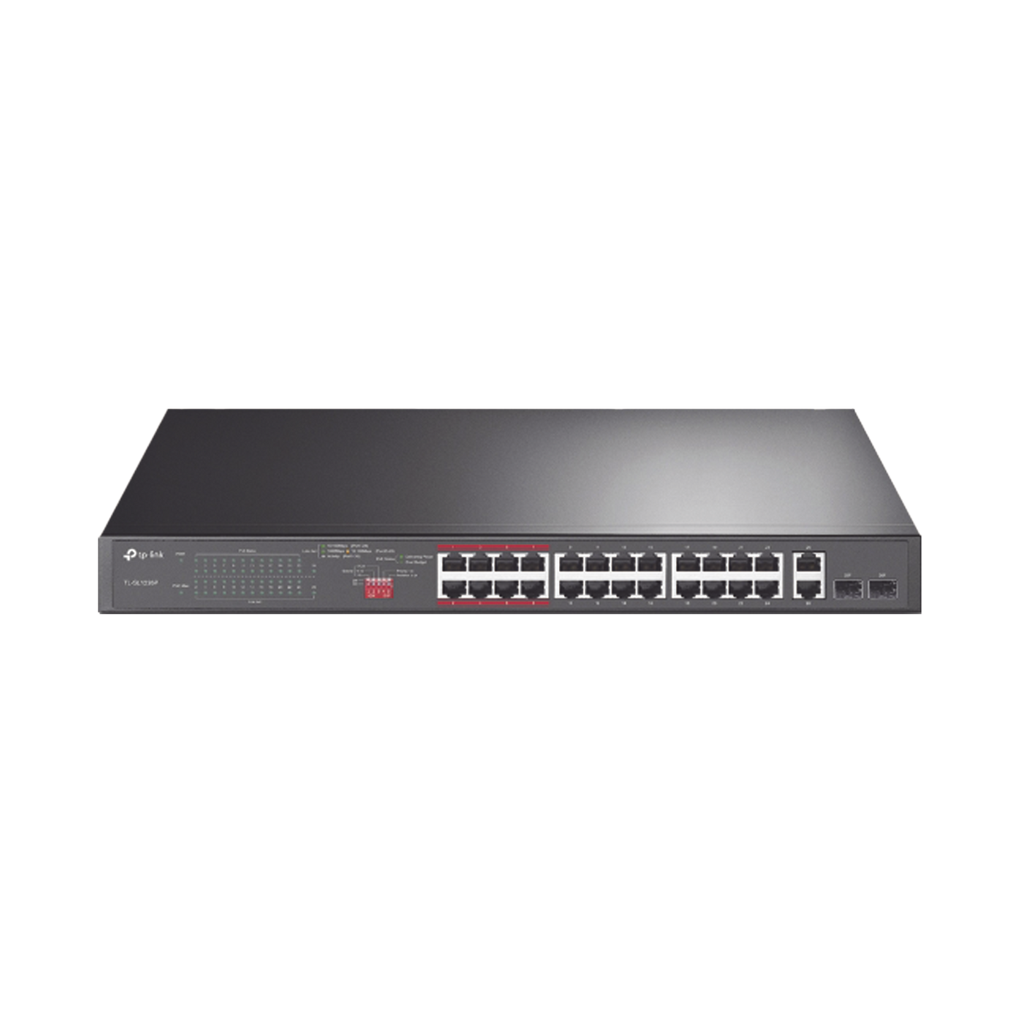 Switch No Administrable 24 Puertos PoE+ 10/100 Mbps / 2 Puertos 10/100/1000 Mbps + 2 Puertos SFP (combo) / Modo Prioridad de Tráfico / Modo Aislamiento de Red / Presupuesto PoE de 250 W / Diseño para Ideal para Vigilancia IP