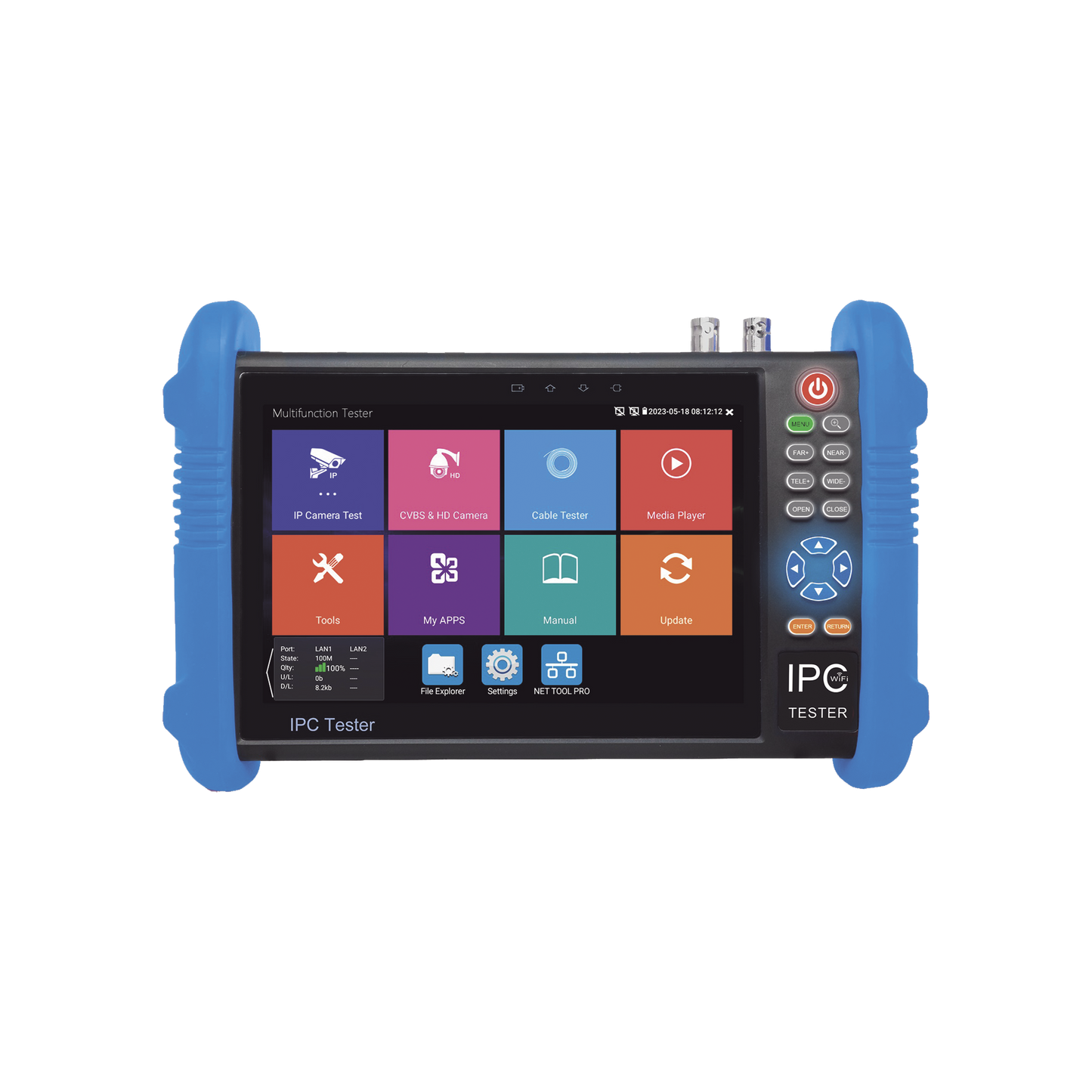 Tester de Video Profesional | Pantalla 7"| Prueba IP/HD/Analógicas | TVI/CVI/AHD/CVBS | IP ONVIF | 4K/8K | H.264/H.265 | HDMI | PTZ | Scanner IP | TDR | Salidas 12V/24V/PoE | Activación Simultanea.