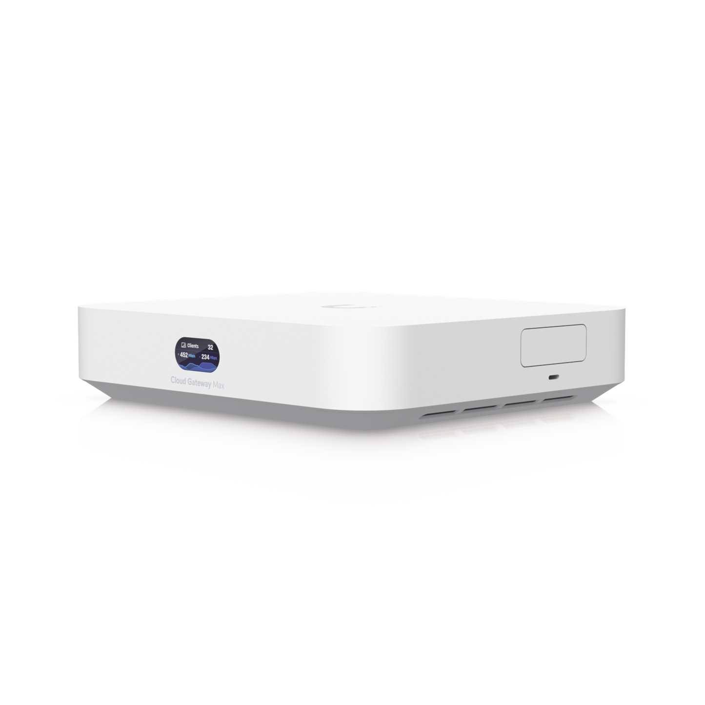 UniFi Cloud Gateway MAX, Router con todos los servicios UniFi, administra hasta 30 dispositivos UniFi y 300 clientes. 1 pto WAN 2.5G, 4 pts LAN 1G (uno configurable como WAN), seguridad IDS/IPS, VPN, bloqueo de apps/URLs, 512 GB memoria interna