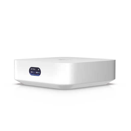 Router UniFi Ultra Express UX con WiFi 6, 1 puerto WAN GbE / 1 puerto GbE LAN. Administra hasta 4 dispositivos UniFi en modo Gateway, o funciona como AP, hasta 50 clientes