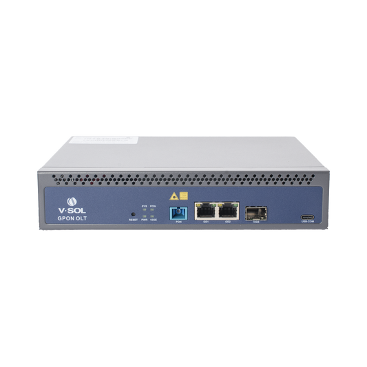 OLT de 1 puerto GPON SC/UPC + 3 puertos Uplink (2 puertos Gigabit Ethernet + 1 puerto SFP/SFP+), Fuente de alimentación redundante AC/DC , hasta 128 ONUS