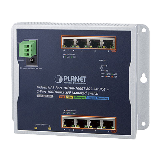 Switch Industrial PoE Administrable de Pared Capa 2, 8 Puertos Gigabit PoE 802.3at y 2 Puertos 100/1000X SFP