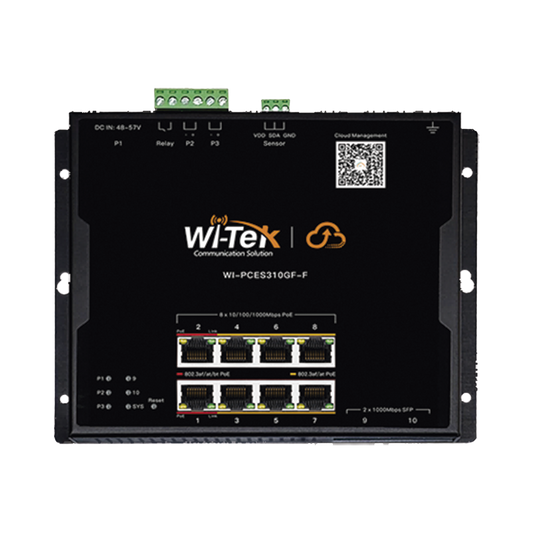 Switch L2 PoE Industrial / Administración Cloud Gratuita / 8 Puertos PoE af/at/bt 10/100/1000 Mbps / 2 Puertos SFP Gigabit / Máx Presupuesto PoE 145 W / Montaje Magnético - Riel DIN.