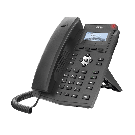 Teléfono IP empresarial para 2 lineas SIP con pantalla LCD, Puertos Gigabit, Códec Opus, conferencia de 3 vías, PoE.