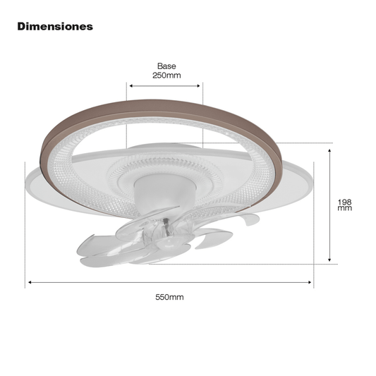Ventilador de Techo con Luminario LED de 110 V CA 50/60 Hz / 88 W / 3 Tonos de Luz (6500 - 4 000 - 2 700 K) / Con giro 360° / Diámetro 550 mm / 6 Velocidades / Dimeable.