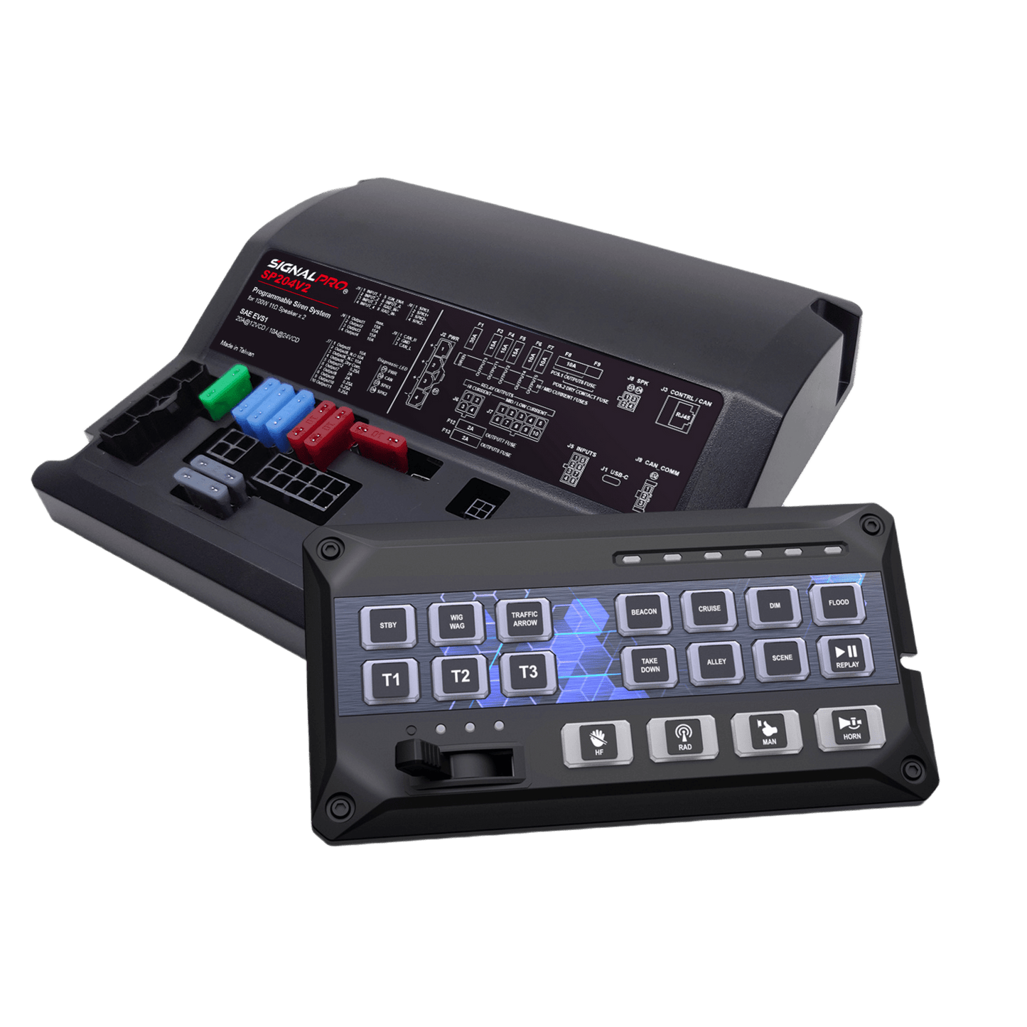 Sirena Vehicular de 200W de Potencia, Programable, Con Controlador de Panel Deslizante de 19 botones, indicador de flecha de tráfico de 6 LED, 12 Salidas Auxiliares