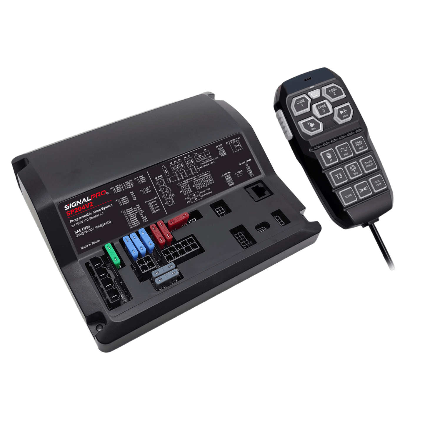 Sirena Vehicular de 200W de Potencia, Programable, Con Controlador Unimando de 15 Botones Para Control de Tonos, 12 Salidas Auxiliares y Micrófono