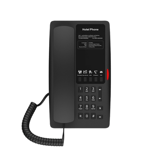 Teléfono IP WI-FI para Hotelería, Puerto USB-A para carga, 5 teclas programables para servicio rápido (Hotline), plantilla personalizable con PoE